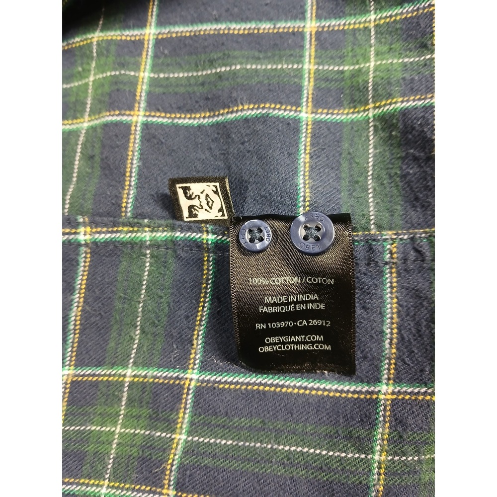 Obey Worldwide Mens Navy Green Plaid Flannel Button Down Shirt Size M Cotton - Picture 3 of 8